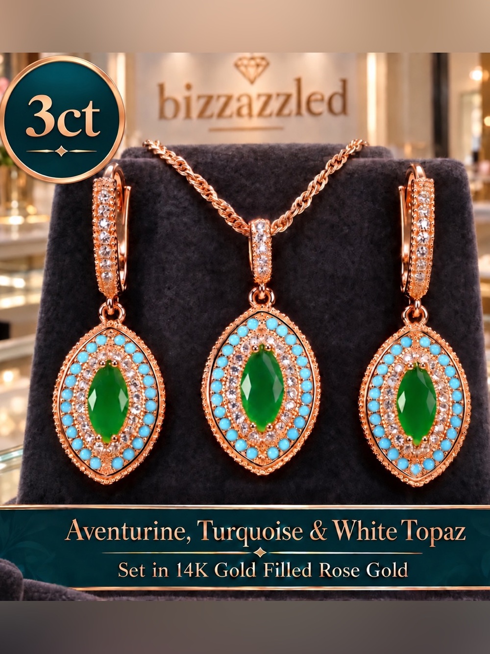 Adventurine, Turquoise, & white Topaz 14k GF Rose Gold Earrings Pendant 3ct